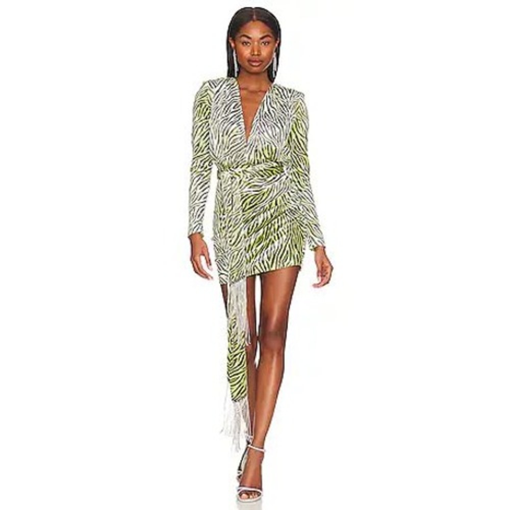 NEW Bronx and Banco Rhianna Green Zebra Velvet Mini Dress Metal Fringe L US 8